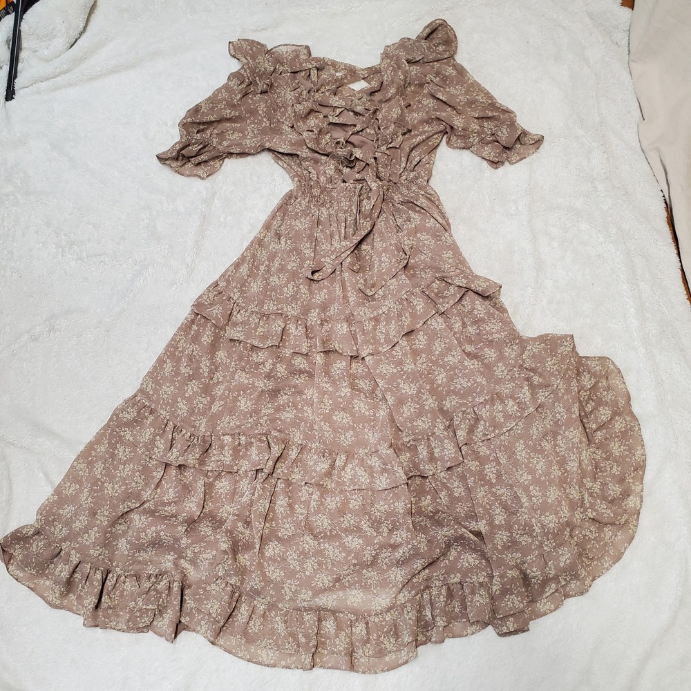 Petal & Pup Beige Floral Ruffle Tiered Dress Small Cottagecore Romantic Feminine - Picture 7 of 13